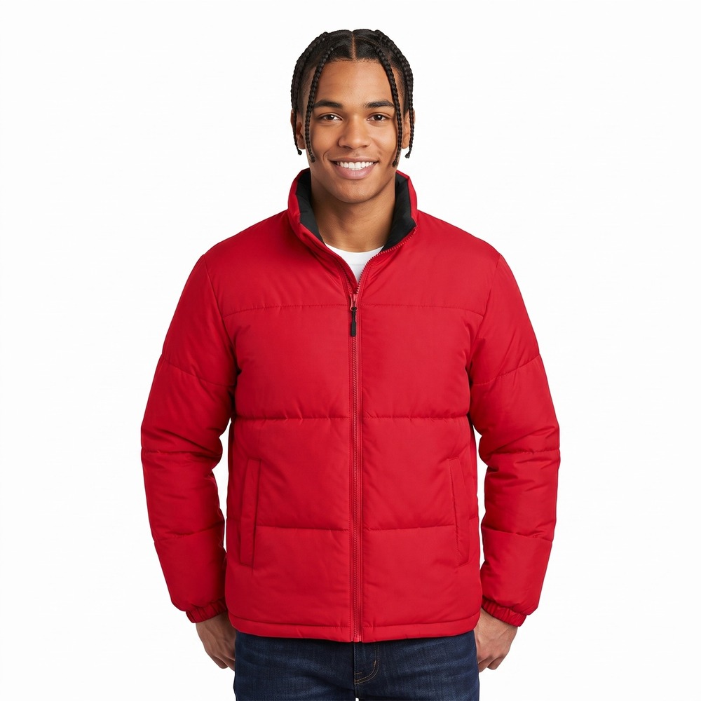 Bershka Red Puffer Jacket Mens XL Quilted Insulated Full Zip Winter Coat